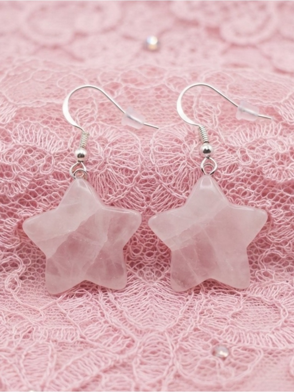 Rose Quartz Stone Star Dangle Earrings With Surgical Steel Hooks